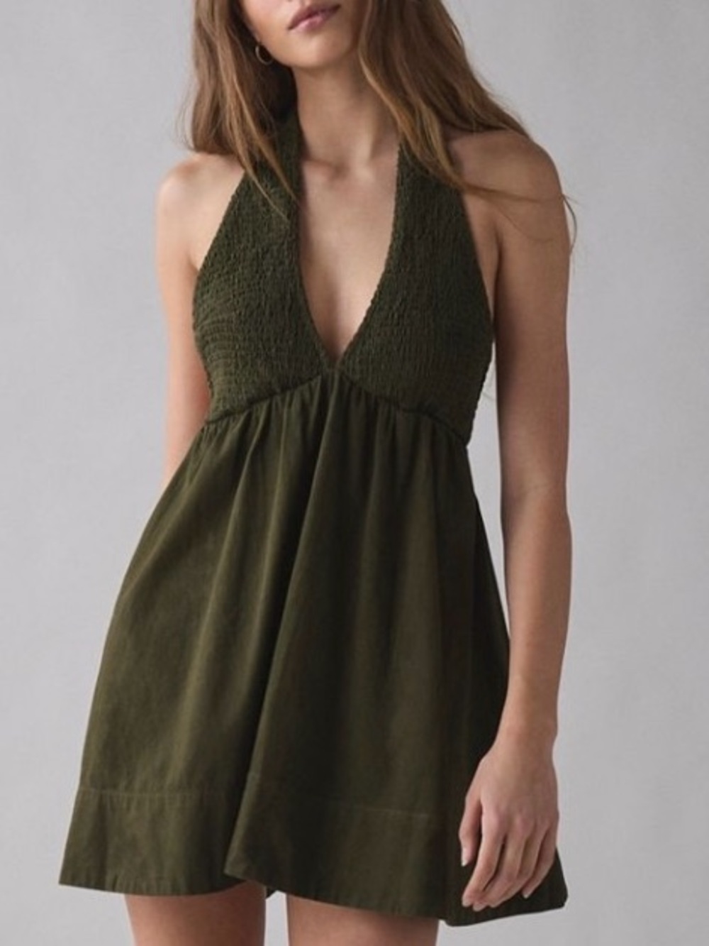 URBAN OUTFITTERS UO BDG Iris Smocked Plunging Halter Dress Olive XL NEW NWOT